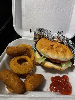 Jr. Tray with small burger, onion rings and hush puppies