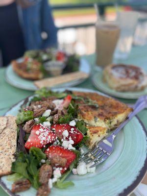 Quiche of the day, cinnamon roll, iced coffee