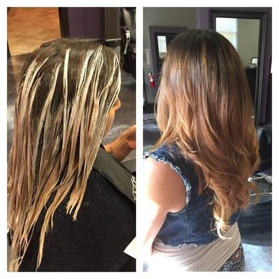 Balayage hair painting with lightener so there is no harsh grow out line