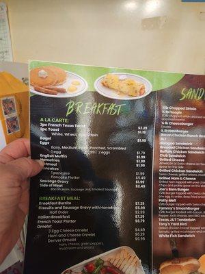 Breakfast Menu  : Breakfast special every morning 7:30am -11pm Tuesday thru Sat .