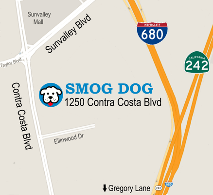 Smog Dog is located behind Magoo's Grill on Contra Costa Blvd, just south of Sunvalley Mall