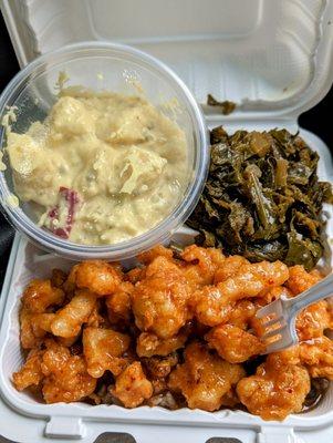 General Tso's Cauliflower over rice and beans, collard greens