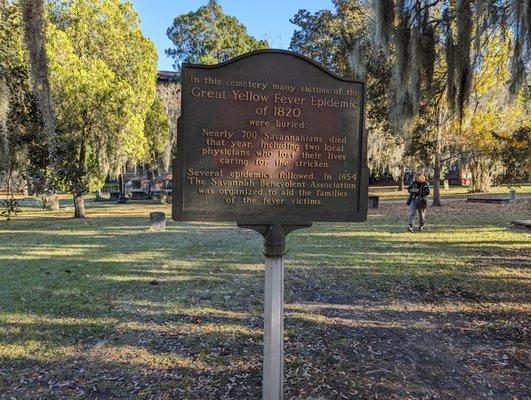 Colonial Park Cemetery on Black Friday, November 24, 2023. Sign for the Great Yellow Fever Epidemic of 1820 burials.