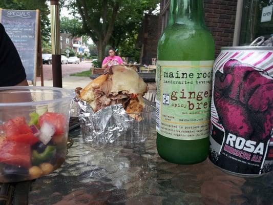 Al fresco dining: Meaty Prime Rib Sandwich, Israeli Salad, Maine Root Ginger Beer& Rev Brew Rosa Hibiscus Ale