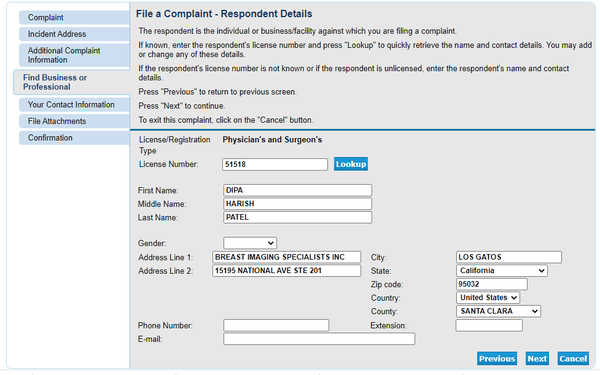 Looked up information needed during the processor of filling out the complaint to the CA Medical Board.