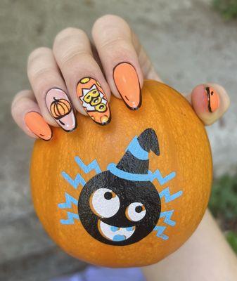 Halloween Pop Art Gel-X Almond Shaped Nails, hand painted by nail artist Christina, trendy and fun!