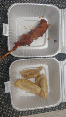 "Mandoo" and a Kko Koo stick (chicken skewer)