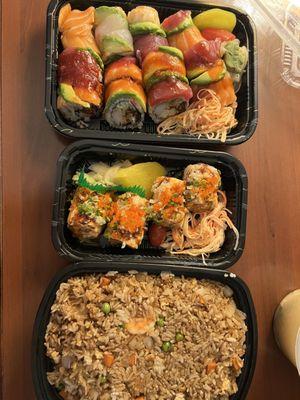 Take out shrimp fried rice, miso soup, rainbow roll, salmon roll, and the Goblin roll