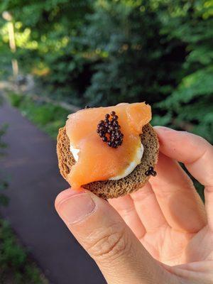 Wedding cocktail hour catering on the Out on a Limb Tree Canopy Walk. Salmon, caviar, toast, cheese.