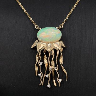 Custom made Ethiopian Opal Jellyfish pendant necklace with 14k yellow gold hand made diamond tentacles.