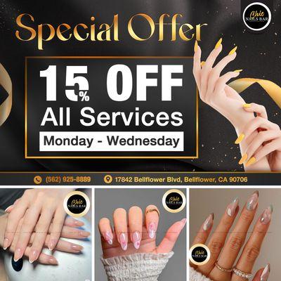 Treat yourself this week with our amazing deal at Chic Nails Bar! 
 Enjoy 15% OFF ALL SERVICES, Monday through Wednesday.