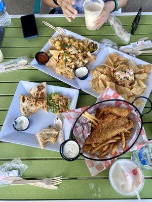 Chicken Quesadillas, Chicken Nachos, Fish & Fries, and Ceviche. ALL DELICIOUS!