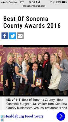 Dr. Tom and staff were voted the Best Cosmetic Surgeon of Sonoma County.