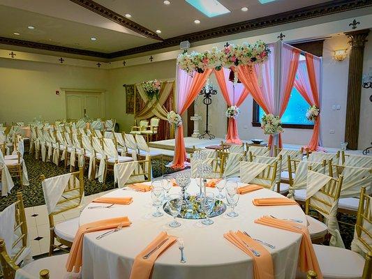 Hindu wedding Mandap setup with lunch table setups for guests at Arlington.