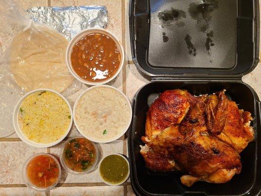 Mini Meal - 1 whole chicken, medium rice, medium beans, and medium potato salad. Served with 1 packet of tortillas and salsa.