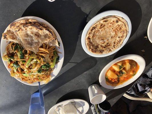 Chapati, fried noodles, potato and spinach