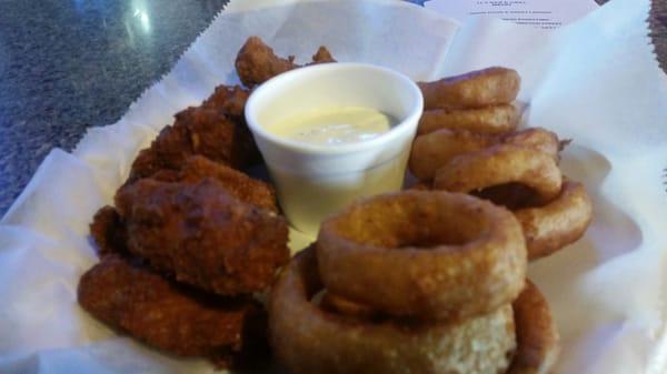 Wings and onion rings.