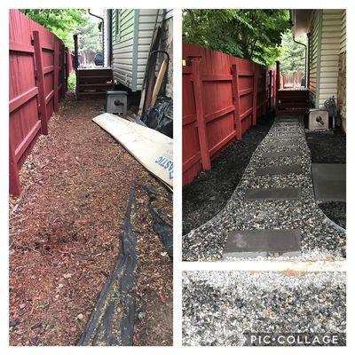 Before & after of a yard walkway installation