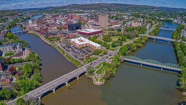 Confluence Park in foreground, at joining of Susquehanna and Chenango rivers