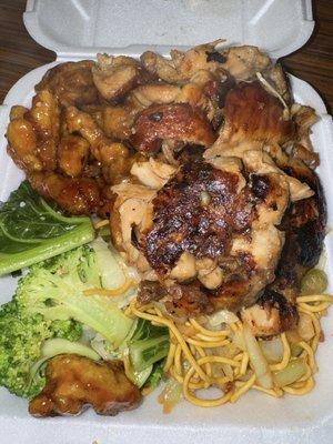 Orange chicken, teriyaki chicken, greens/chowmein plate