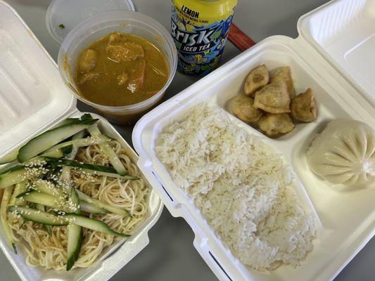 Sesame Noodles, Chicken Curry Combo (with Fried Pork Dumplings (7), Pork Hot Bun, and Can of Soda)