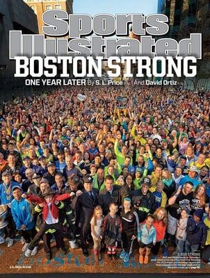 Sports Illustrated magazine cover, at the Boston Marathon finish line, in front of Marathon sports.