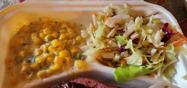 Green chile corn with serious heat. Apple slaw is tasty, but pales next to corn & ribs.