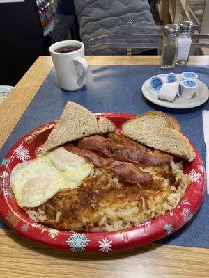 Hash browns, sausage, crispy bacon, over easy Breakfast Two Eggs With Toast