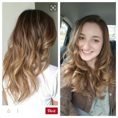 On the left is the photo I brought in as a reference and on the right is a photo of me after Debbie cut and colored my hair. I am so happy!