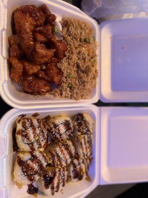 fried rice, orange chicken , California Tempura Roll