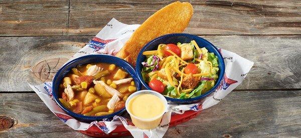 Stew and Salad  A bowl of our homemade Brunswick stew and a side salad. Served with garlic bread.