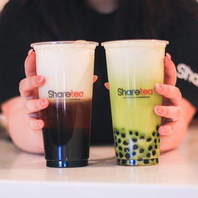 Fresh Black Milk Tea with Boba and Matcha Fresh Milk with Boba