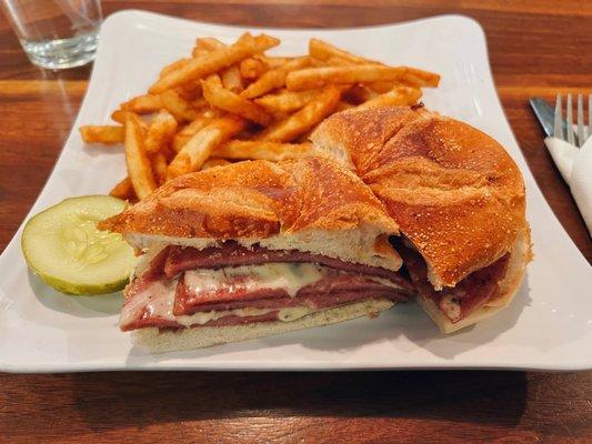 Taylor Ham & Cheese sandwich with a side of fries -- just over $12