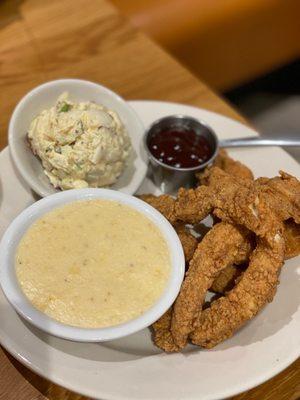 Fried Chicken Tenders grits and potato salad