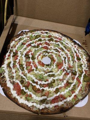 Taco Pizza Thin Crust. Meat has no seasoning and was very bland was delivered cold and soggy.