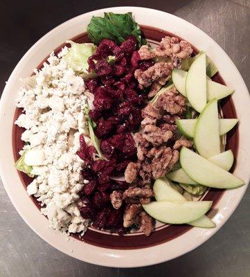 Summer salad-candied walnuts, blue cheese crumbs, granny smith apples, and cranberries