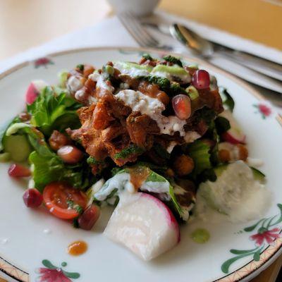 Chaat salad w/big deep fried lentil battered crouton. Indian spices, dressing has a spicy kick.  Not impressed w/crouton, too bready.