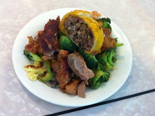 My plate: beef role, delicious omelet (at the bottom), broccoli and meat (chicken and pork).