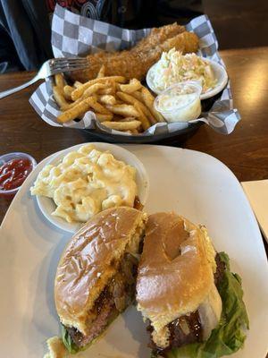 Bourbon burger Mac and cheese and catfish Fish and chips