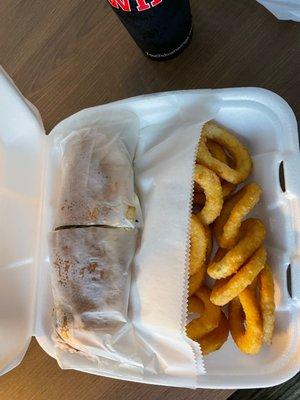 Philly cheesesteak and onion rings