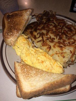 1 egg (add cheddar) with hash browns and toast.