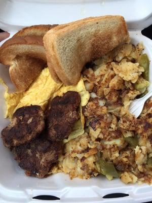 Scrambled eggs,Turkey sausage & home-fries