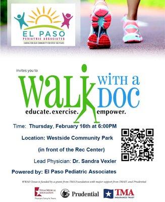 Join us for Walk with a Doc February 16th at the Westside Community Park.