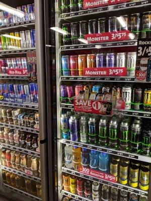 large refrigerated section with lots of energy drinks, usually there are some good deals on them too.