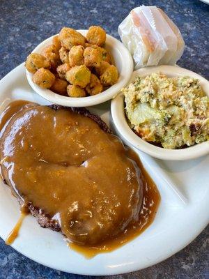 Meat and Two -- Hamburger Steak with fried okra and broccoli casserole