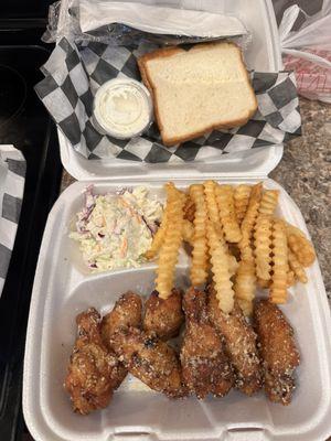 Garlic Parmesan smoked wings, Fries, and Cole Slaw