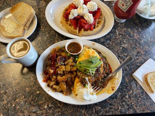 Ranchero Omelette and strawberry waffle