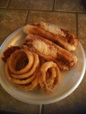 Two dogs with everything and onion rings