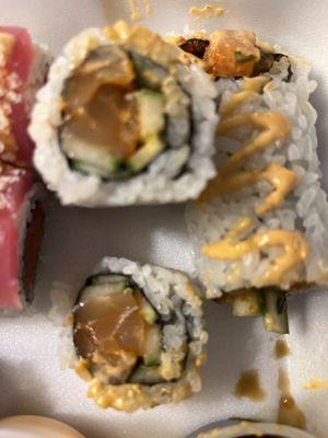 Spicy salmon roll. Skip the salmon in all of your rolls. It doesn't look like salmon and has a foul aftertaste.