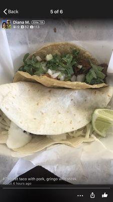 Street taco with steak, gringo with pork